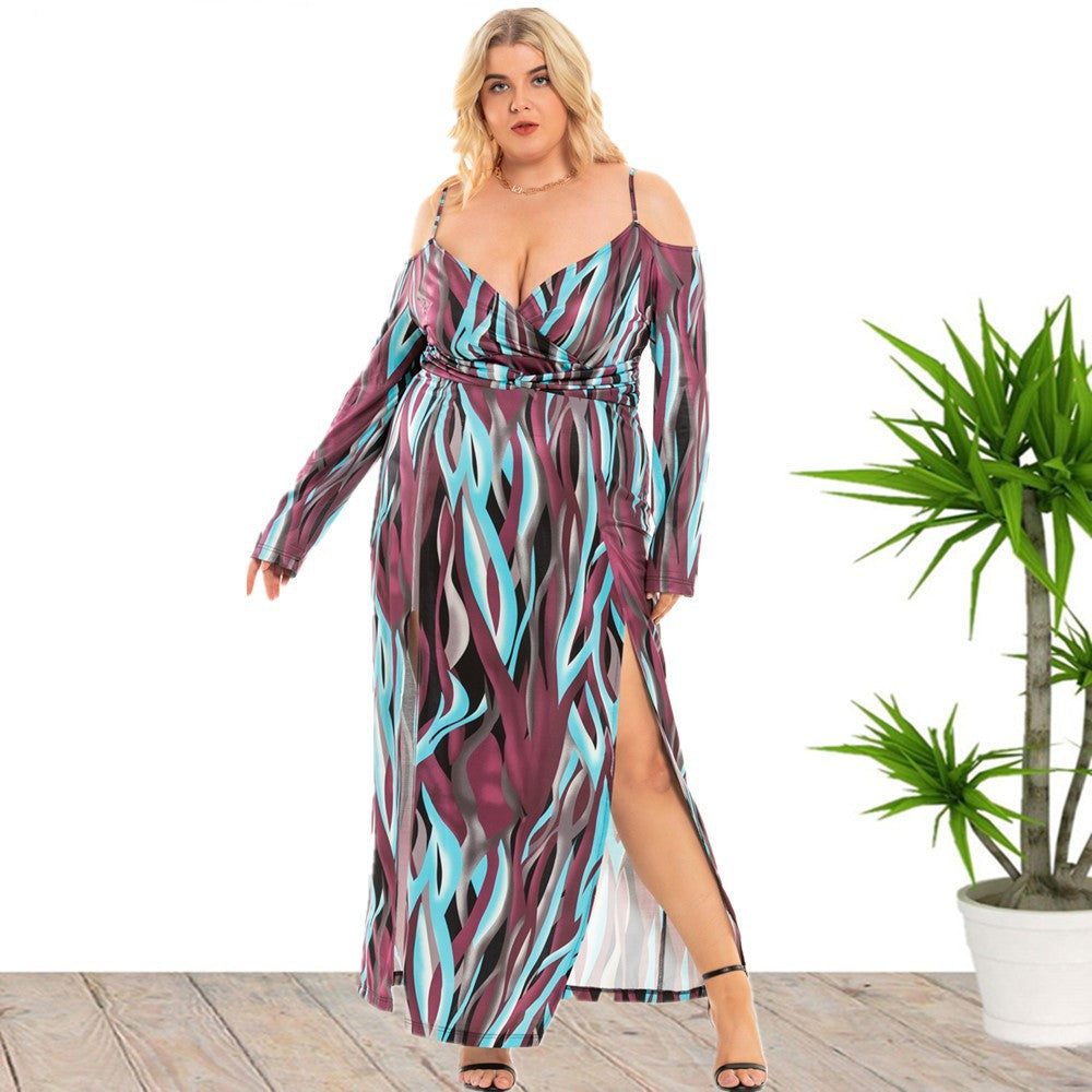 Plus Size Women's Clothing New Sexy Slit V-neck Exposed Dress