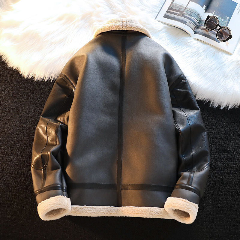 Men's Winter Fleece-Lined Thickened Kamela PU Leather Lamb Wool Integrated Cotton Jacket