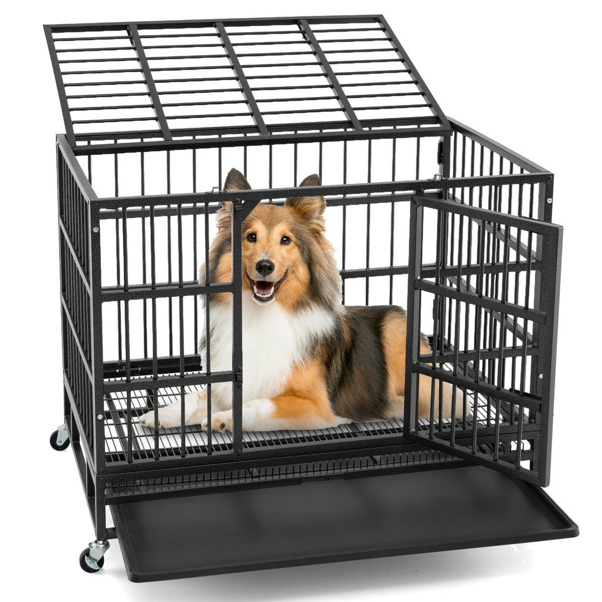 96/120cm Metal Dog Cage Foldable with Double Door and Wheels-L