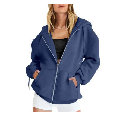 Women's Fashion Casual Solid Color Drawstring Zipper Hooded Sweatshirt