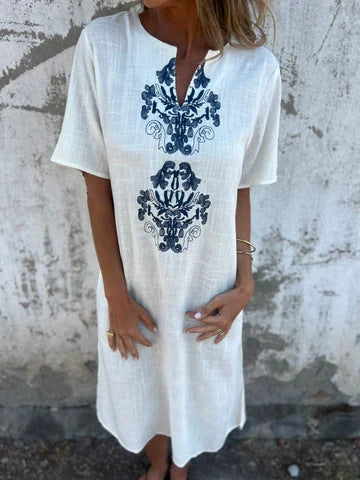 V-neck Loose-fit Cotton-linen Women's Dress