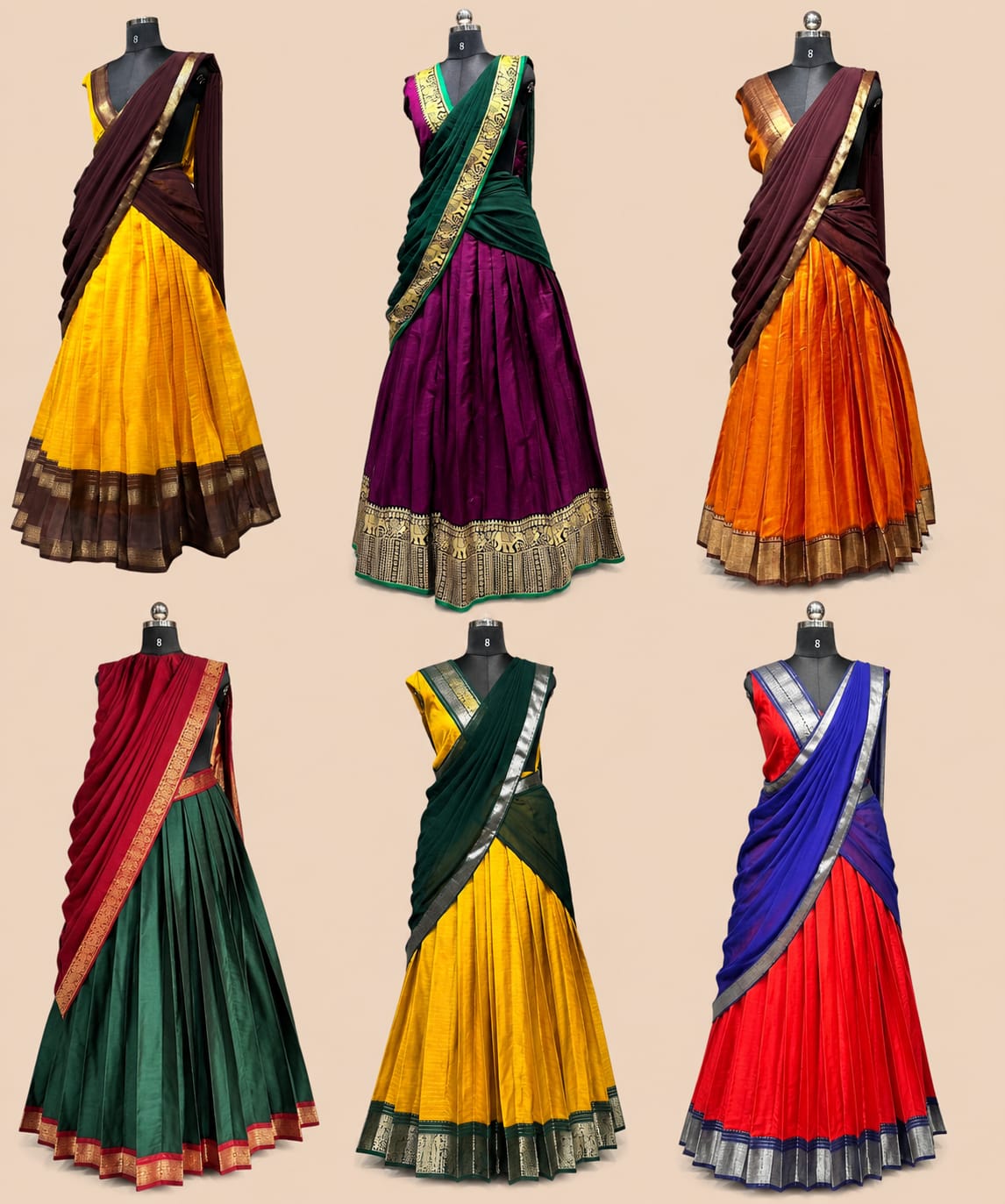 Burnt Orange Silk Half Saree Lehenga Set | Deep Maroon Dupatta | Gold Zari Border | Unstitched Blouse | One Size | Made in Kerala