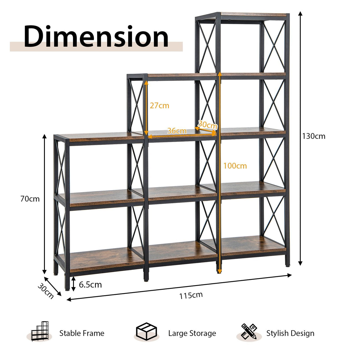 5-Tier Bookshelf 9 Cubes Bookcase with Carbon Steel Frame-Rustic Brown