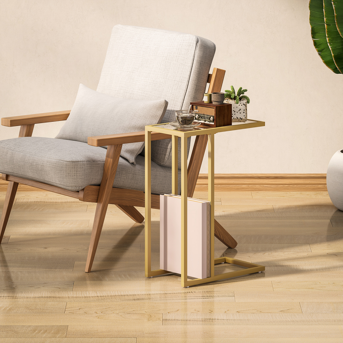 HOMCOM C-Shaped Side Table, End Table with Tempered Glass Tabletop, Gold
