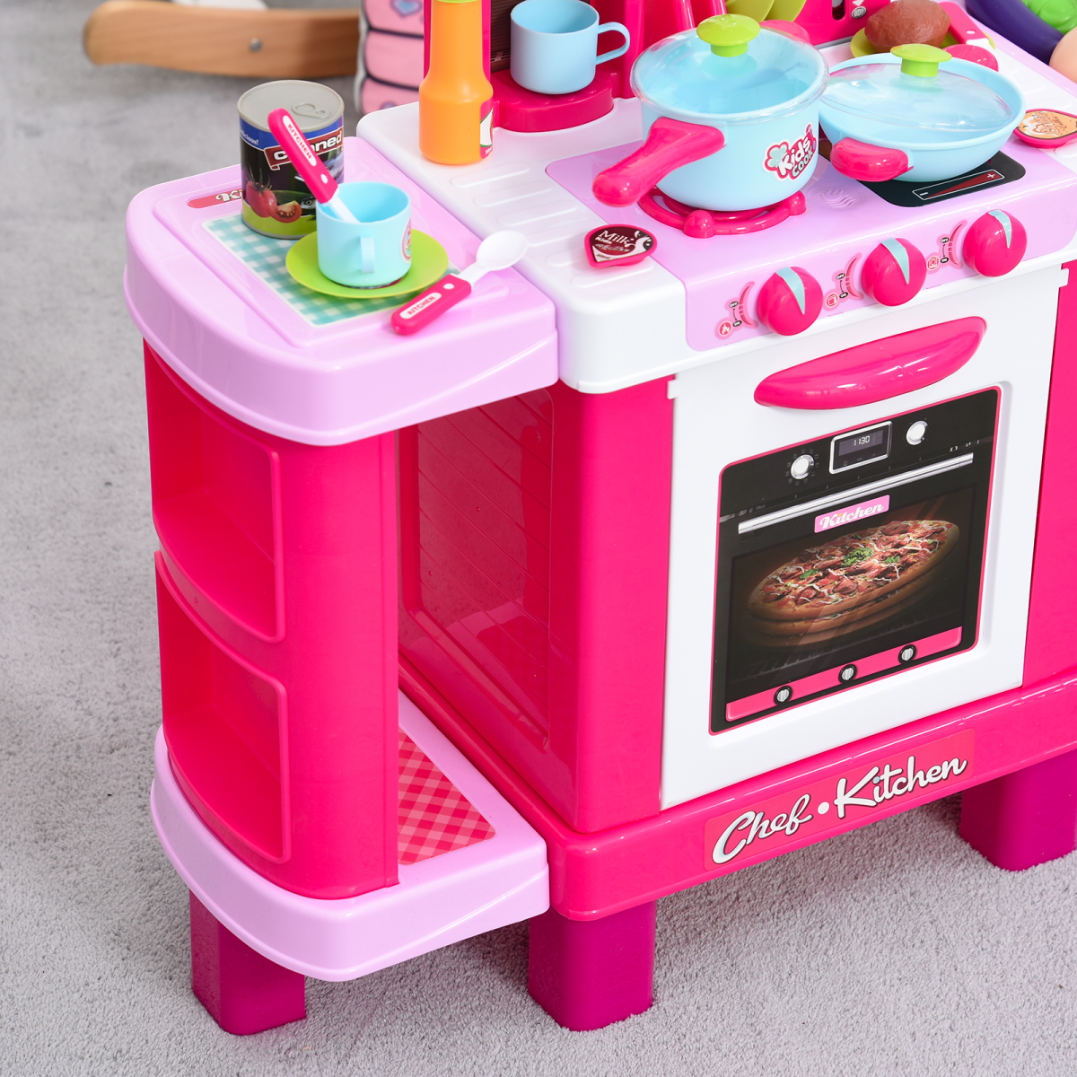 38-Piece Children's Kitchen Play Set Realistic Sounds Lights Food Pink