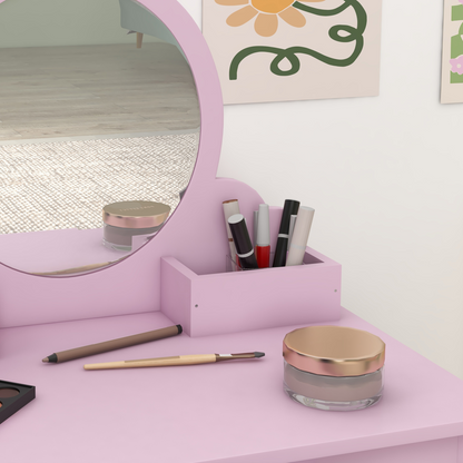 ZONEKIZ Kids Dressing Table Cat Design with Mirror Stool, Drawer, Storage Boxes