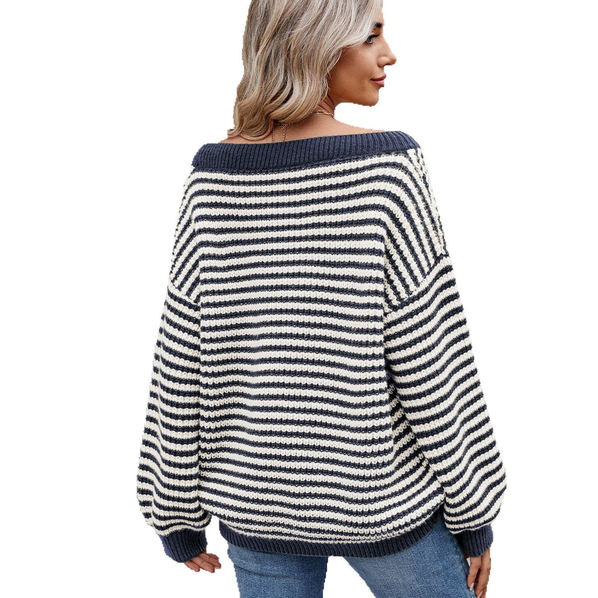 New Stylish Boat-neckline Knit Sweater Striped Contrast-color Sweater