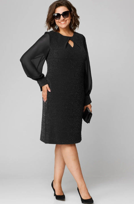 Solid Color Dress Mesh Chiffon Long Sleeve Round Neck