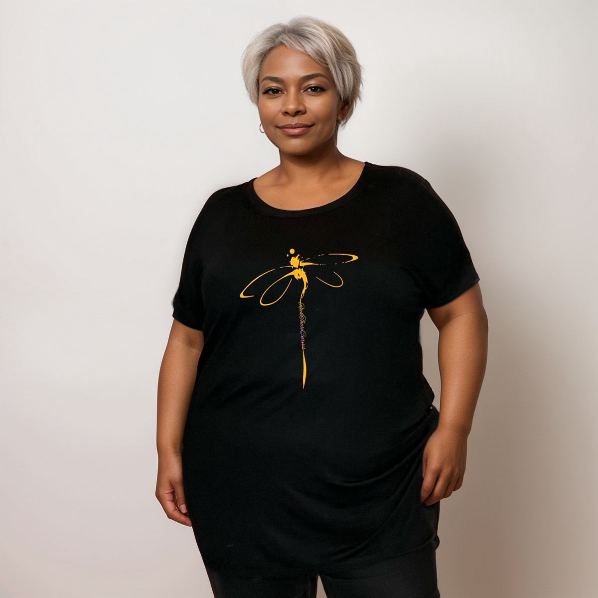 Plus‑Size Coloured Dragonfly Short Sleeve Dipped Hem T‑Shirt