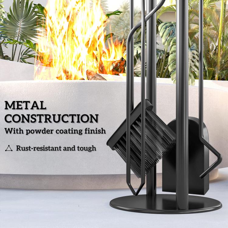 5 Pieces Fireplace Tools Set, Metal Fireplace Accessories Fireside Companion Set with Broom, Shovel, Poker and Bucket, Silver