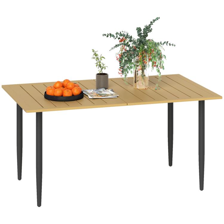 Garden Dining Table, 150 x 90 cm Rectangle Outdoor Table with 5 cm Parasol Hole, Slatted Tabletop and Steel Frame for Patio Balcony, (Table Only) Brown