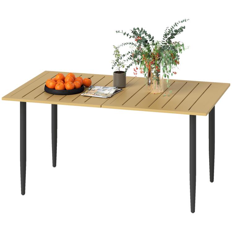 Garden Dining Table, 150 x 90 cm Rectangle Outdoor Table with 5 cm Parasol Hole, Slatted Tabletop and Steel Frame for Patio Balcony, (Table Only) Brown