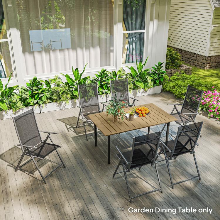 Garden Dining Table, 150 x 90 cm Rectangle Outdoor Table with 5 cm Parasol Hole, Slatted Tabletop and Steel Frame for Patio Balcony, (Table Only) Brown