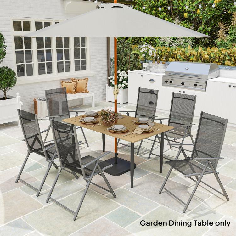 Garden Dining Table, 150 x 90 cm Rectangle Outdoor Table with 5 cm Parasol Hole, Slatted Tabletop and Steel Frame for Patio Balcony, (Table Only) Brown