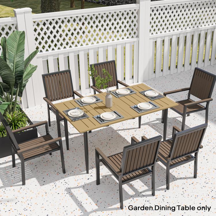 Garden Dining Table, 150 x 90 cm Rectangle Outdoor Table with 5 cm Parasol Hole, Slatted Tabletop and Steel Frame for Patio Balcony, (Table Only) Brown