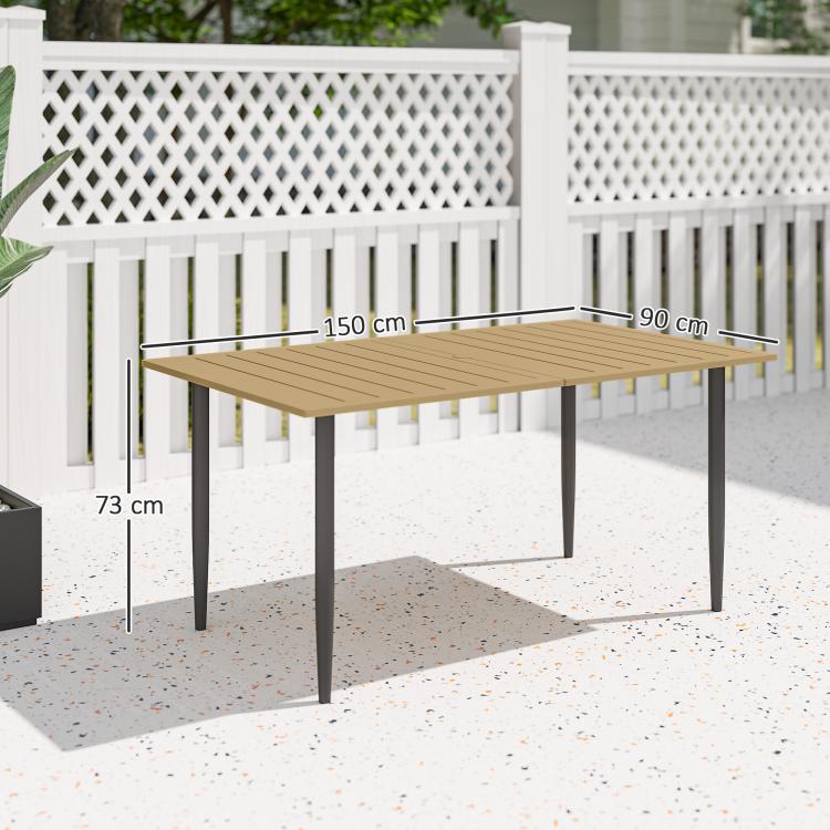 Garden Dining Table, 150 x 90 cm Rectangle Outdoor Table with 5 cm Parasol Hole, Slatted Tabletop and Steel Frame for Patio Balcony, (Table Only) Brown