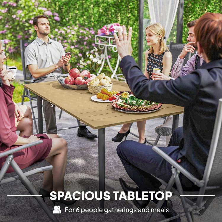 Garden Dining Table, 150 x 90 cm Rectangle Outdoor Table with 5 cm Parasol Hole, Slatted Tabletop and Steel Frame for Patio Balcony, (Table Only) Brown
