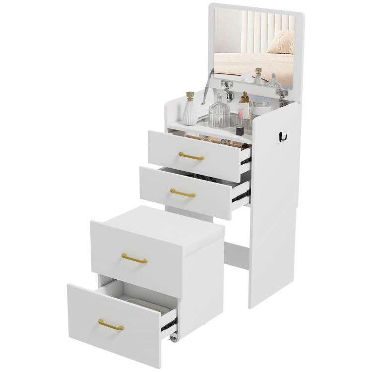 Compact Dressing Table and Stool Set, with Storage - White