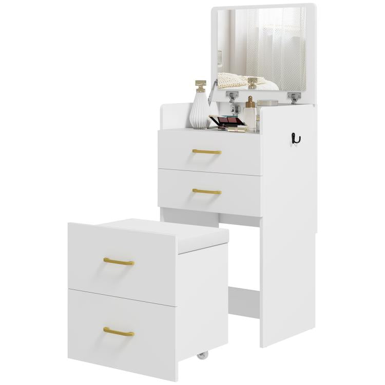 Compact Dressing Table and Stool Set, with Storage - White