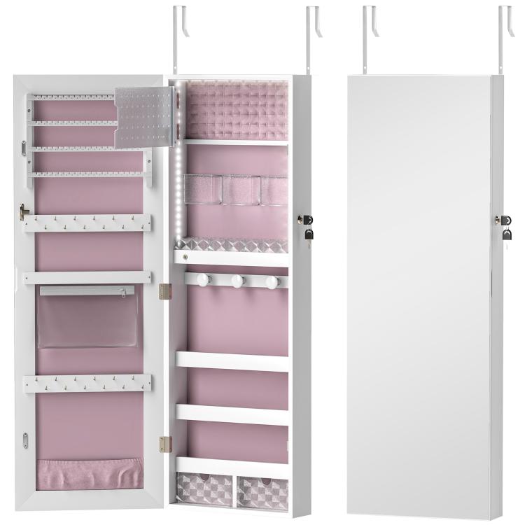 108 x 37cm Lockable Jewellery Cabinet, with LED Lights - White Surface and Pink Lining