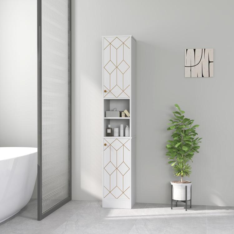 Tall Bathroom Storage Cabinet with Doors, Slim Bathroom Storage Unit with Adjustable Shelves, Freestanding Bathroom Storage Unit, White