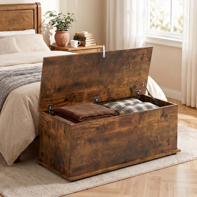 Storage Chest, Large 113L Blanket Box, Shoe Bench with Safety Hinged Lid, Storage Trunk, Bed End Bench for Bedroom, Hallway, Living room, Playroom, 100 x 40 x 40cm, Rustic Brown