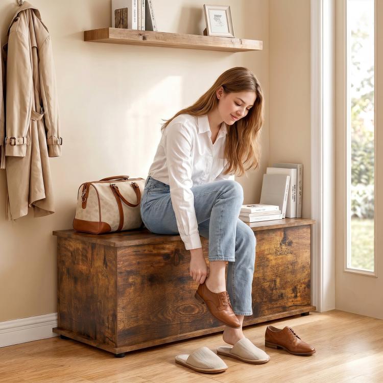 Storage Chest, Large 113L Blanket Box, Shoe Bench with Safety Hinged Lid, Storage Trunk, Bed End Bench for Bedroom, Hallway, Living room, Playroom, 100 x 40 x 40cm, Rustic Brown