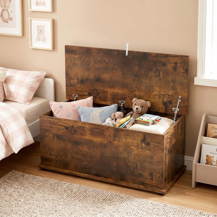 Storage Chest, Large 113L Blanket Box, Shoe Bench with Safety Hinged Lid, Storage Trunk, Bed End Bench for Bedroom, Hallway, Living room, Playroom, 100 x 40 x 40cm, Rustic Brown