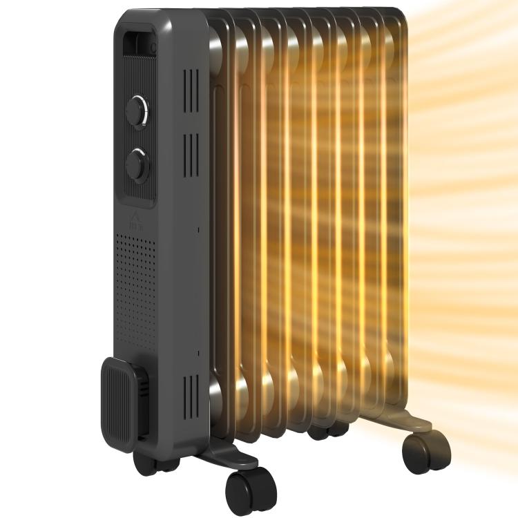 2000W Oil Filled Radiator, 9 Fin, Portable Electric Heater with 3 Heat Settings, Safety Cut-Off and Wheels, Grey