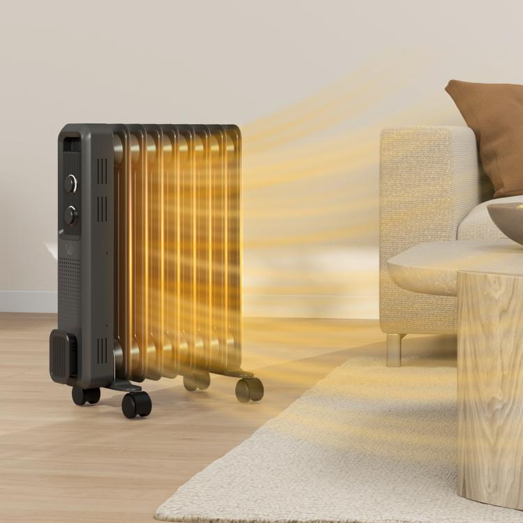 2000W Oil Filled Radiator, 9 Fin, Portable Electric Heater with 3 Heat Settings, Safety Cut-Off and Wheels, Grey