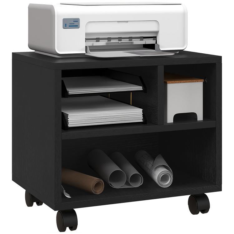 Three-Compartment Printer Cabinet, with Wheels - Black