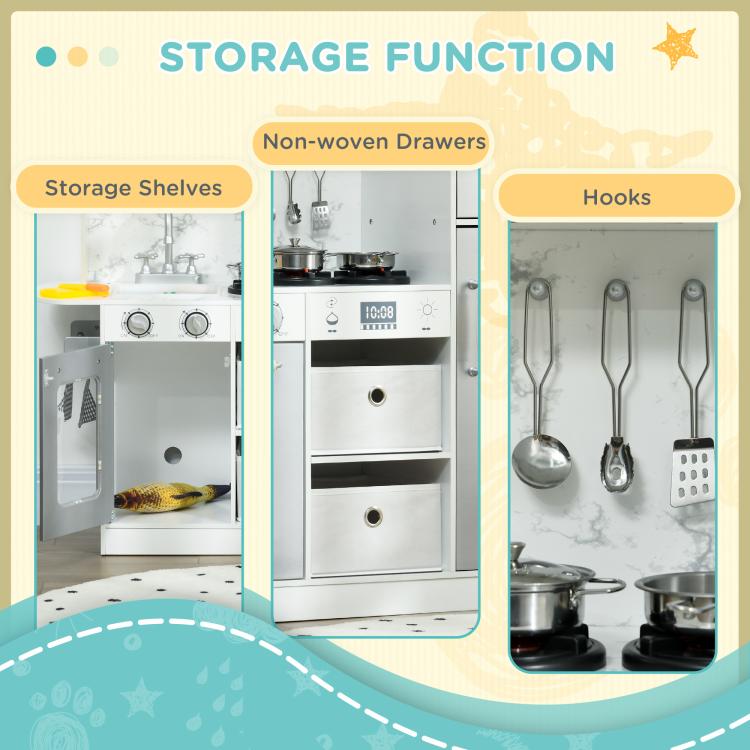 Toy Kitchen with Lights, Sounds, Apron and Chef Hat, Ice Maker, Microwave, for Ages 3-6 Years - White
