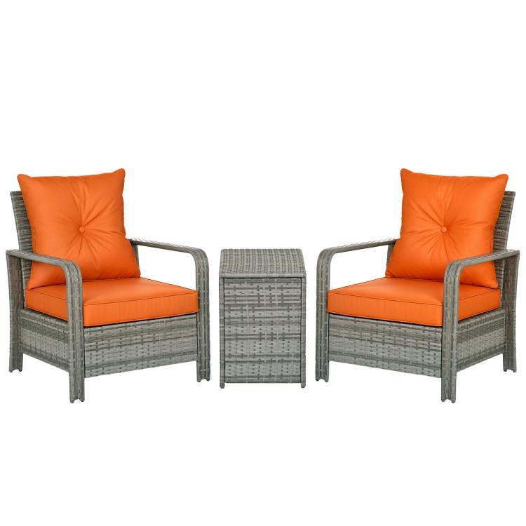3 Pieces Rattan Bistro Set, Wicker Garden Furniture Set with 72 L Storage Coffee Table and Chairs, Orange