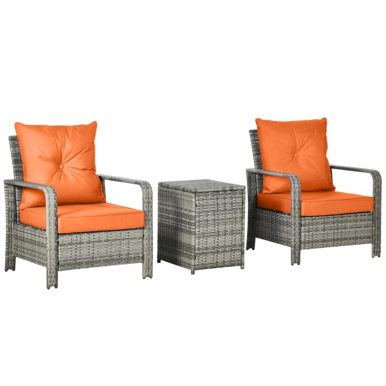 3 Pieces Rattan Bistro Set, Wicker Garden Furniture Set with 72 L Storage Coffee Table and Chairs, Orange
