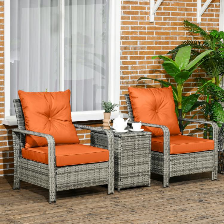 3 Pieces Rattan Bistro Set, Wicker Garden Furniture Set with 72 L Storage Coffee Table and Chairs, Orange
