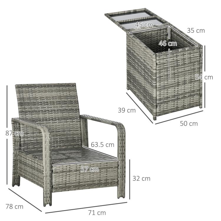 3 Pieces Rattan Bistro Set, Wicker Garden Furniture Set with 72 L Storage Coffee Table and Chairs, Orange