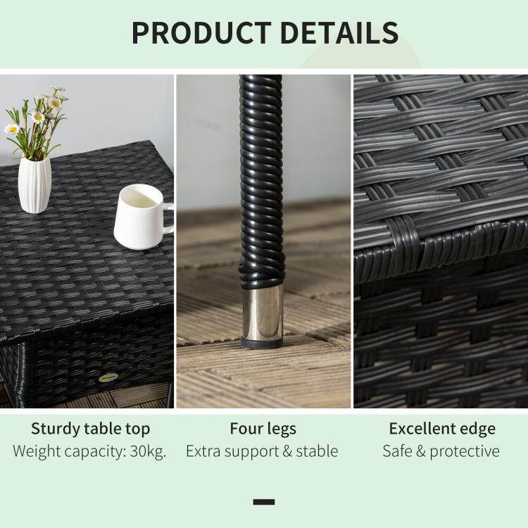 Rattan Side Table, Outdoor Coffee Table with Plastic Board Under the Full Woven Table Top for Patio, Garden, Balcony, Black