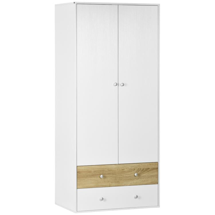 2-Door Wardrobe with 2 Drawers, Hanging Rod and Anti-tipping Straps for Bedroom Clothes Storage Organisation, White