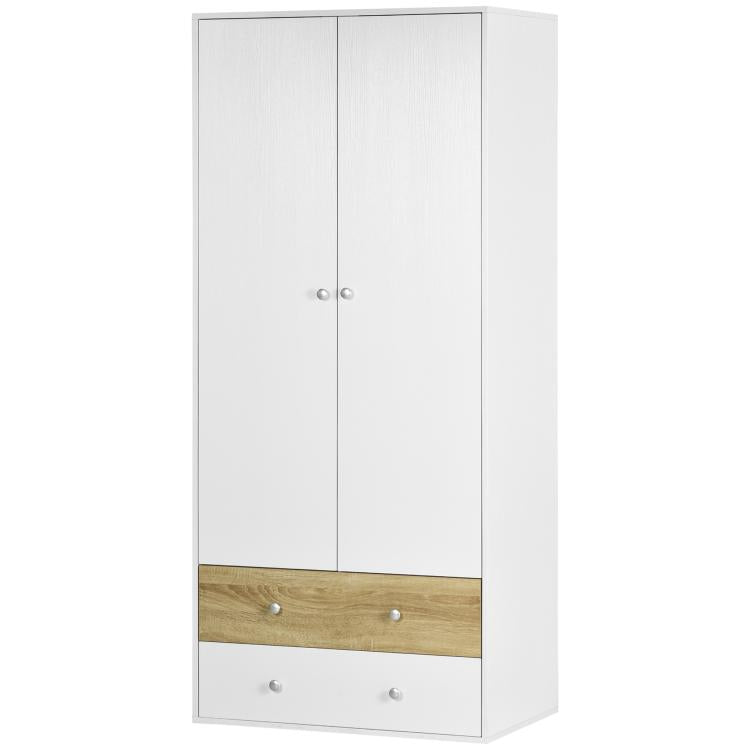 2-Door Wardrobe with 2 Drawers, Hanging Rod and Anti-tipping Straps for Bedroom Clothes Storage Organisation, White