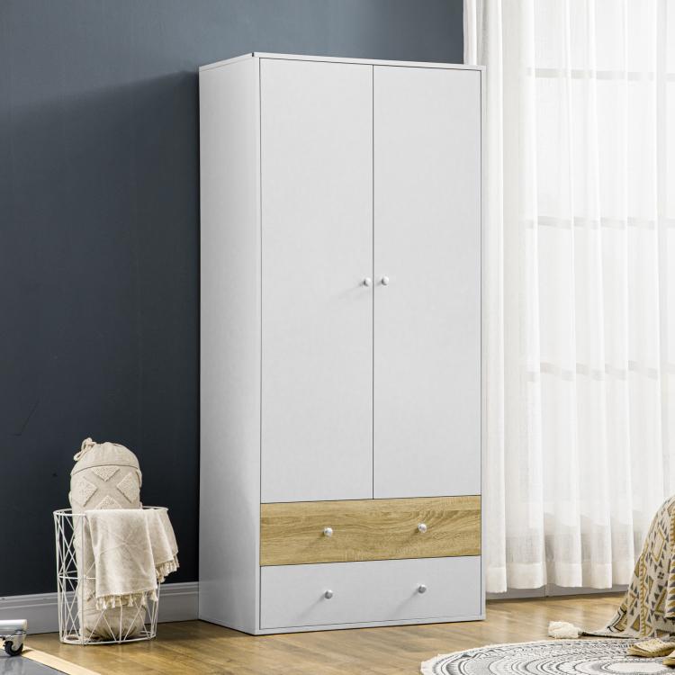 2-Door Wardrobe with 2 Drawers, Hanging Rod and Anti-tipping Straps for Bedroom Clothes Storage Organisation, White
