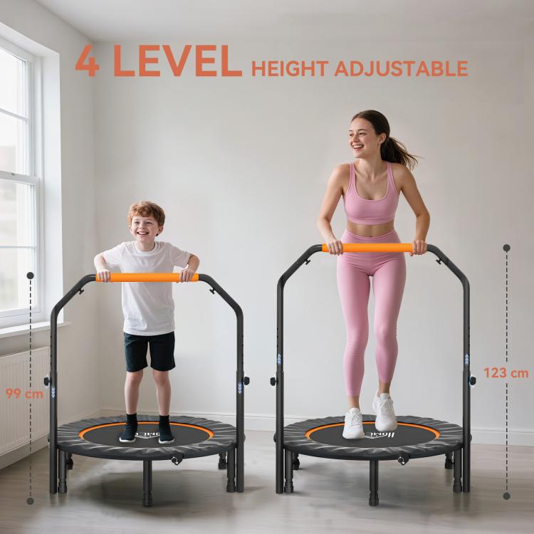 40 inch Foldable Mini Fitness Trampoline, with Adjustable Foam Handle, Orange