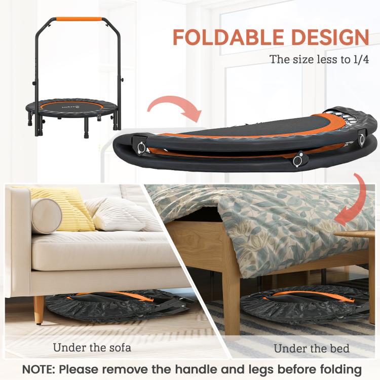 40 inch Foldable Mini Fitness Trampoline, with Adjustable Foam Handle, Orange
