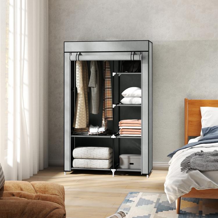 Fabric Wardrobe w/ Shelves Hanging Rail Foldable Wardrobe Light Grey