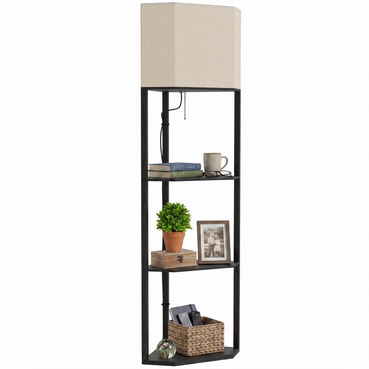 Corner Floor Lamp with Shelves, Modern Tall Standing Lamp with Chain Switch for Living Room, Bedroom, Bulb Not Included, Black