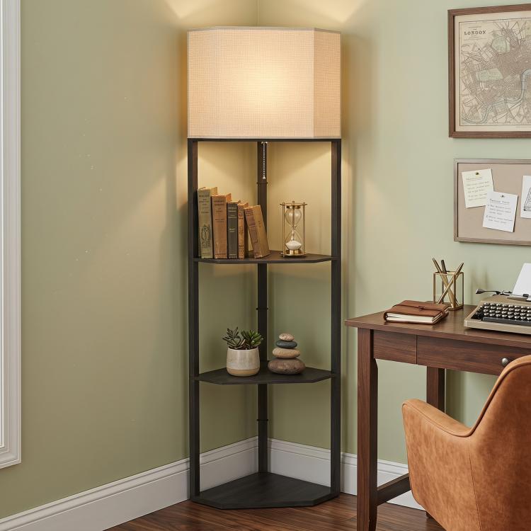 Corner Floor Lamp with Shelves, Modern Tall Standing Lamp with Chain Switch for Living Room, Bedroom, Bulb Not Included, Black