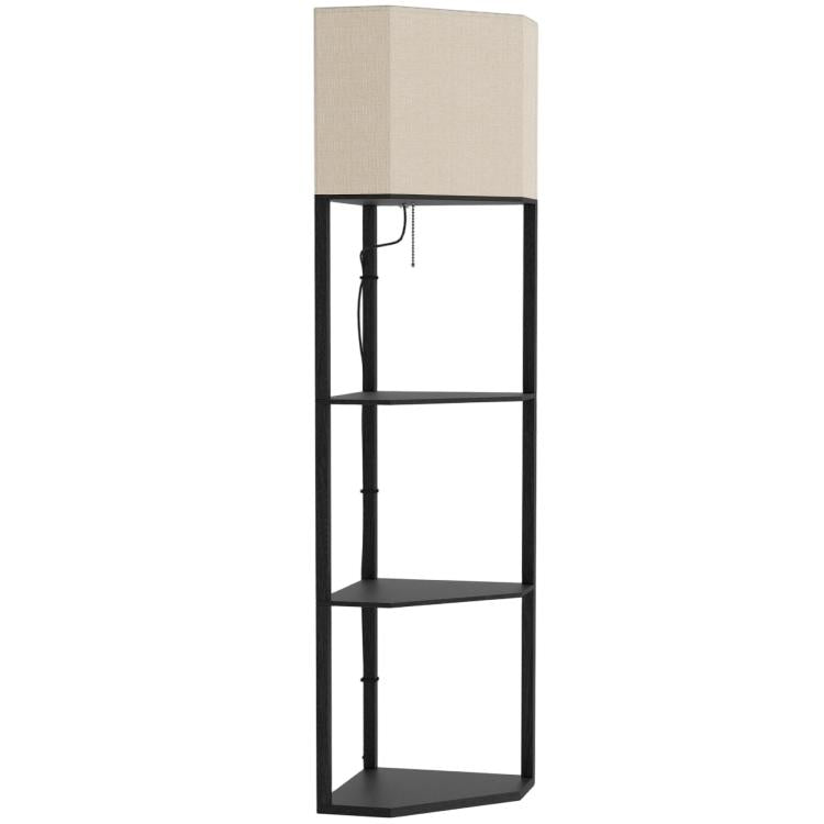 Corner Floor Lamp with Shelves, Modern Tall Standing Lamp with Chain Switch for Living Room, Bedroom, Bulb Not Included, Black