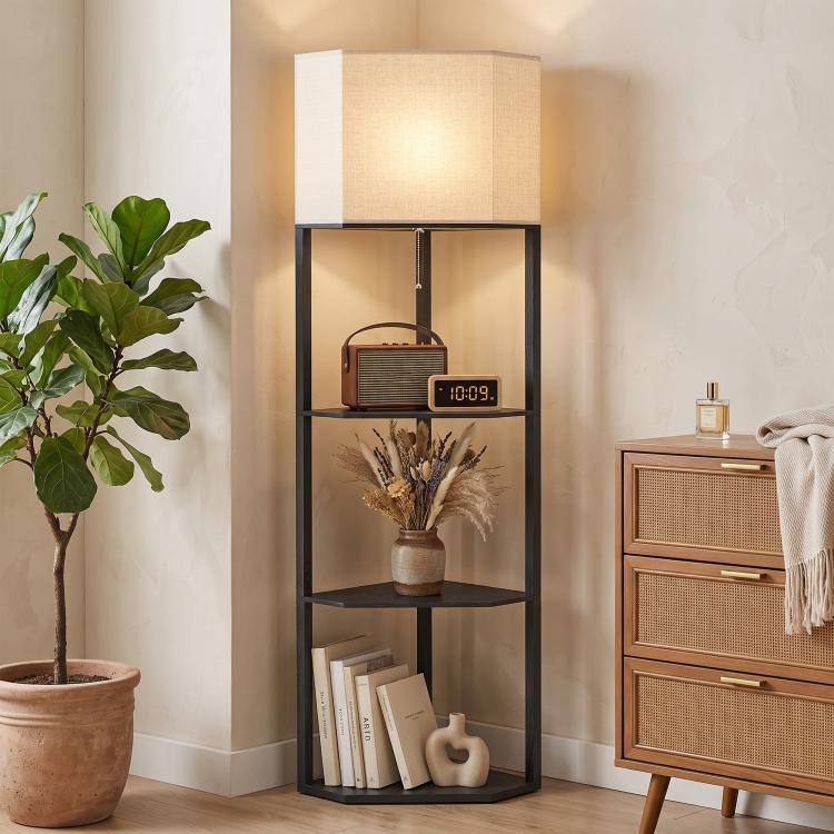 Corner Floor Lamp with Shelves, Modern Tall Standing Lamp with Chain Switch for Living Room, Bedroom, Bulb Not Included, Black