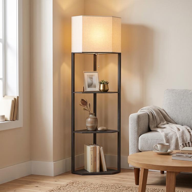 Corner Floor Lamp with Shelves, Modern Tall Standing Lamp with Chain Switch for Living Room, Bedroom, Bulb Not Included, Black