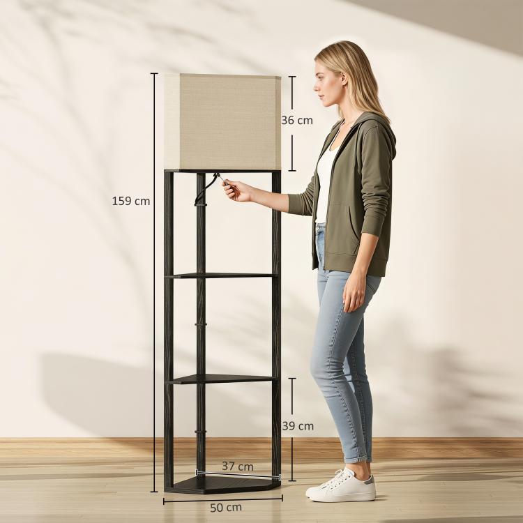 Corner Floor Lamp with Shelves, Modern Tall Standing Lamp with Chain Switch for Living Room, Bedroom, Bulb Not Included, Black