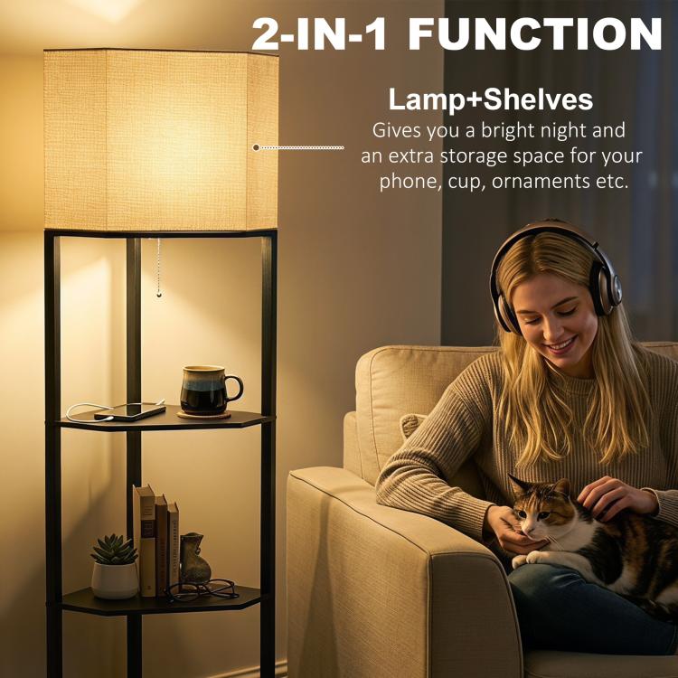 Corner Floor Lamp with Shelves, Modern Tall Standing Lamp with Chain Switch for Living Room, Bedroom, Bulb Not Included, Black